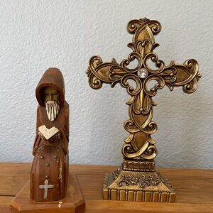 Ornate Gold Cross and Wooden Monk Figurine